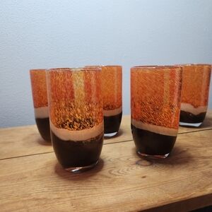 Set of 6 Pier 1, hand blown tumbler glasses. Sommerso vintage orange and brown